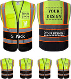 BeautyWill 5 Pack Custom Mesh Safety Vest Customized Logo Class2 High Visibility Reflective Vest with Pockets Construction workwear（Yellow Black，3XL ）