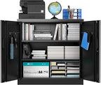 SUXXAN Metal Storage Cabinet with Pegboard 31.5”H×31.5”W×16.5”D, Lockable Rolling Steel Storage Cabinet with 2 Adjustable Shelves and Door for Garage, Office, Kitchen, Assembly Required(Black)
