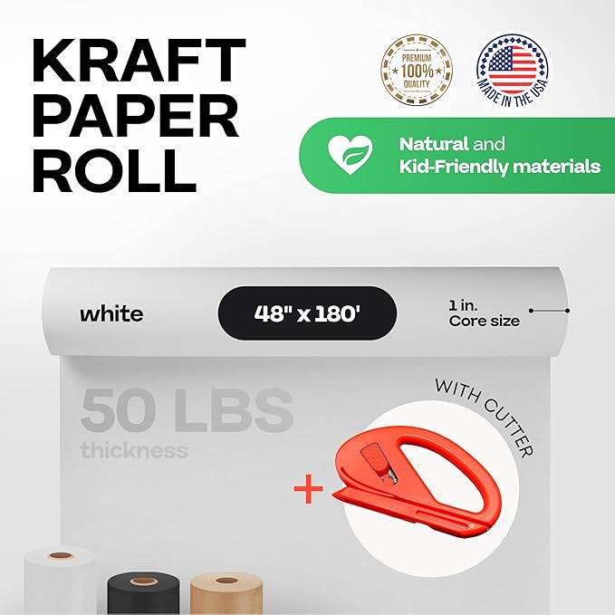 White Kraft Paper Roll 48" x 2160" (180 feet) with Cutter - USA-Made Quality Paper 50lb Thickness for Wrapping, Packing, Moving, Shipping, & Crafts/Arts - Natural Kraft Material by IDL Packaging