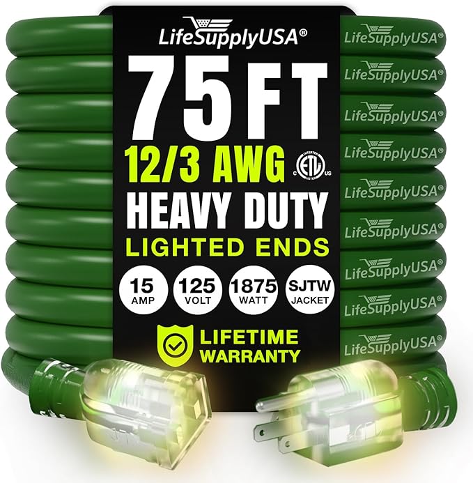 75ft Outdoor/Indoor Extension Cord 12/3 Gauge Extra Heavy Duty 3 Prong SJTW, Waterproof, ETL Listed, Flexible Cold-Resistant Long Power Cord,15A 125V 1875W, Green by LifeSupplyUSA