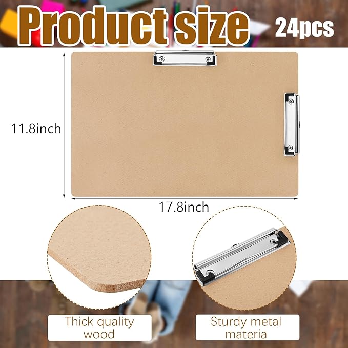 Henoyso 24 Pcs 11x17 Clipboard Wooden Lap Board with Low Profile Clip Brown Double Landscape Clip Hardboard Drawing Board Landscape Horizontal Large Clipboard for Desk Paper Sketching Art Supplies