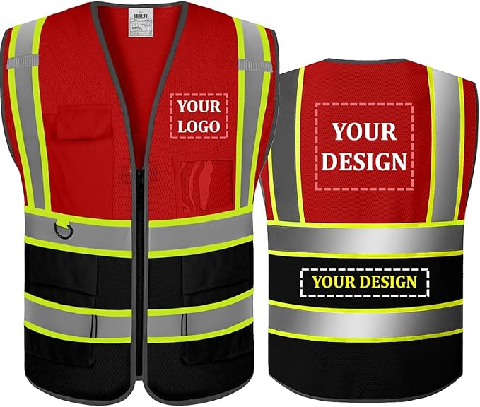 BeautyWill Custom Safety Vest Customized Logo Mesh Vest Class2 High Visibility Reflective Vest with Pockets Workwear（Red Black，M ）