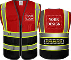 BeautyWill Custom Safety Vest Customized Logo Mesh Vest Class2 High Visibility Reflective Vest with Pockets Workwear（Red Black，XXL ）