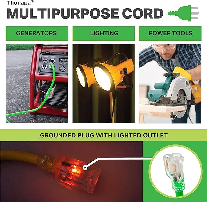 50 Foot Outdoor Extension Cord - 12/3 Heavy Duty Neon Green Extension Cable with 3 Prong Grounded Plug for Safety - Great for Garden and Major Appliances