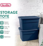 Sterilite 18-Pack Tote, Plastic Storage Bins with Snap Lids, 30 Gallon, Marine Blue - Stackable Home Organizers with In-Molded Handles for Bedroom, Garage, Basement and Attic