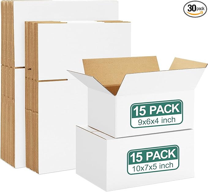 Eupako 30 Pack Small Shipping Boxes Assorted Sizes, 9x6x4 & 10x7x5, 15 PCS Each, White Corrugated Box Mailers, Cardboard Boxes for Packaging Small Business, Mailing
