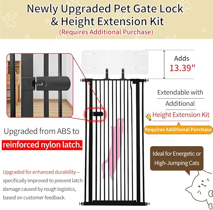 Lumizone Extra Tall Cat Gate 61.02" High Pressure Mounted Extra Wide 2025 New (17 Sizes) 1.37" Gap No Drilling Auto-Close One-Handed Operation Tall Pet Gate for Dogs(Black, 61.02" H x 38.39"-42.51" W)