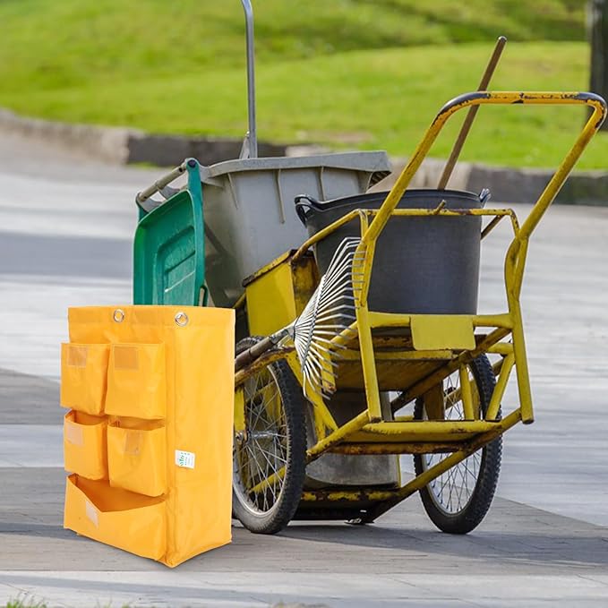 VALICLUD Replacement Waterproof Janitorial Cleaning Cart Bag with 5 Additional Compartments, Yellow Fabric Housekeeping Cart Storage Bag for Hotel and Commercial Cleaning Supplies