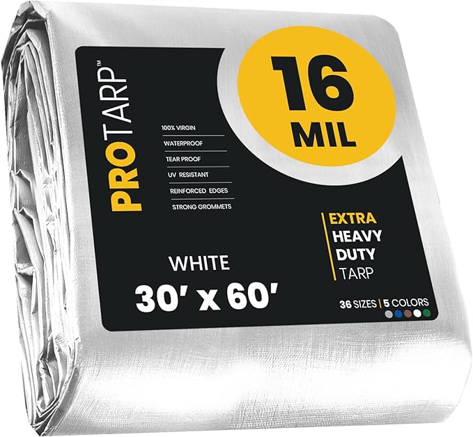 PROTARP Extra Heavy Duty 16 Mil Tarp Cover, Waterproof, UV Resistant, Rip and Tear Proof, Poly Tarpaulin with Reinforced Edges for Roof, Camping, Patio, Pool, Boat. (White 30′ X 60′)