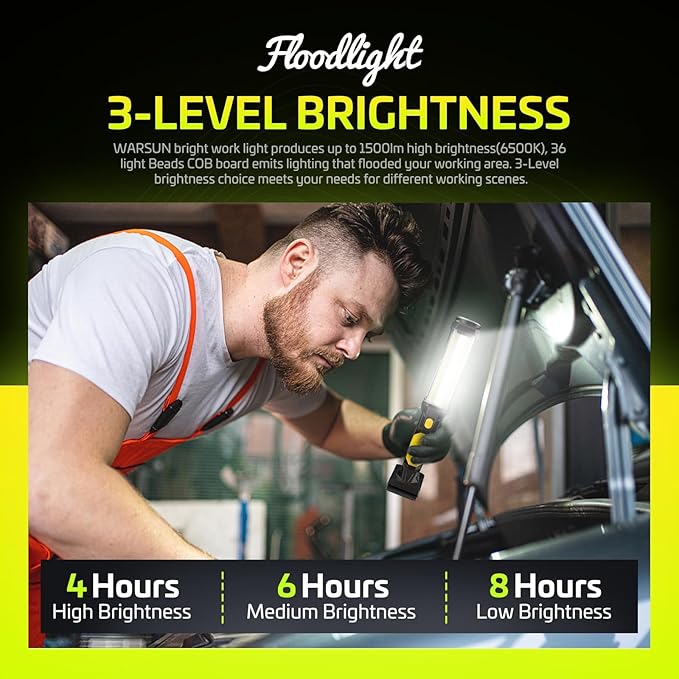 WARSUN 2PC Rechargeable 1500LM COB LED Work Light-Magnetic Hands-Free Trouble Light with Hook, IPX4 Waterproof for Garage Repair, Stocking Stuffers Mens Gifts-Emergency Light Tool for Men (Yellow)