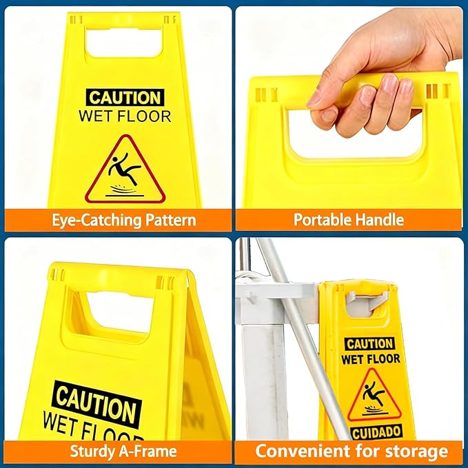 4 Pack Caution Wet Floor Sign, 24" Height, Bright Yellow, Double-Sided A-Frame Safety Caution Sign Commercial, Bilingual Caution Message