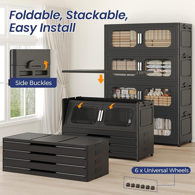 600QT Large Stackable Storage Bins with Lid, 150Gal Plastic Collapsible Closet Organizers Drawers Box with Wheels, Folding Cabinet Containers with Doors for Home Kitchen Office, 3Pack Black
