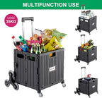 Foldable Utility Cart with Stair Climbing Wheels, Collapsible Rolling Crate with Telescoping Handle, Folding Shopping Trolley Handcart Grocery Book File Tool Teacher Storage Basket (Black)