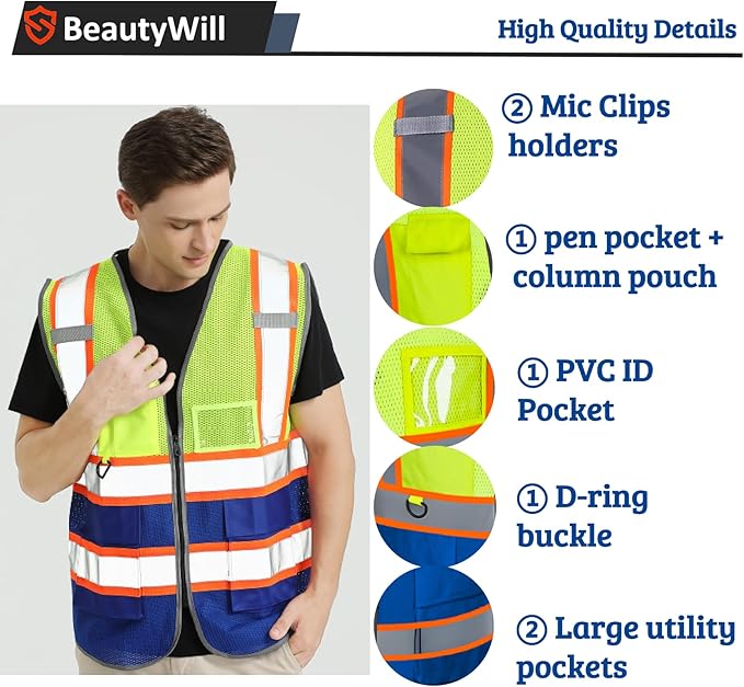 Custom Mesh Safety Vest 5 Pack Customized Logo Class 2 High Visibility Reflective Vest with Pockets Construction workwear（Yellow Blue，L）