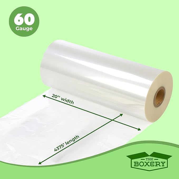 The Boxery Shrink Wrap Film 20" x 52500” (4375’) Heat Wrap POF Centerfold - Polyolefin 60 Gauge - Warehouse Grade Heat Shrinkable Film for Packaging - Small Business, Toys, Books, and Much More.