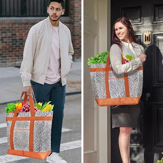 2Pk Insulated Reusable Tote Bag for Grocery Shopping for Women/Men, Pizza/Food Delivery Bag to Keep Food Cold/Hot for Professional Catering, Cooler Bags for Travel/Beach/Picnic, Cow Print