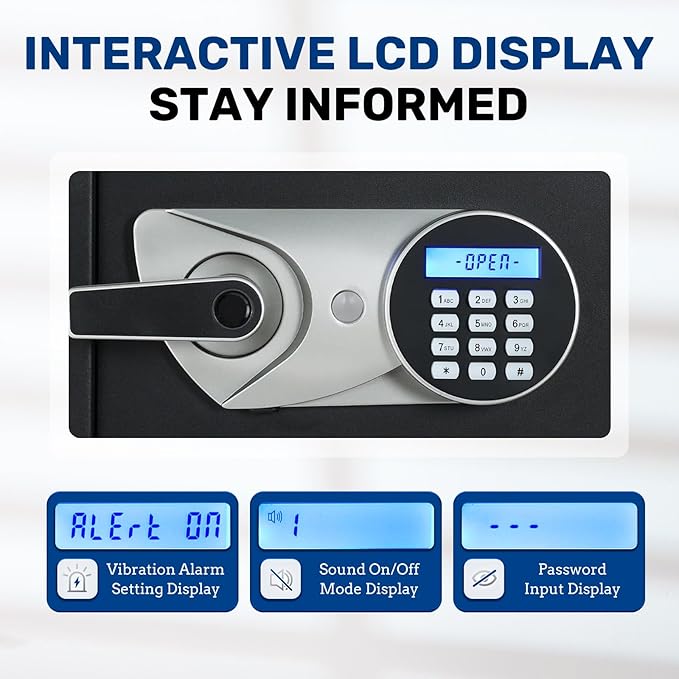BlackSmith Large Biometric Safe 2.7 Cub Home Security Safe with Keys Keypad Lock Wall Mount Lock Box Secure Money Jewelry Valuables with Removable Shelves LED Light, Black
