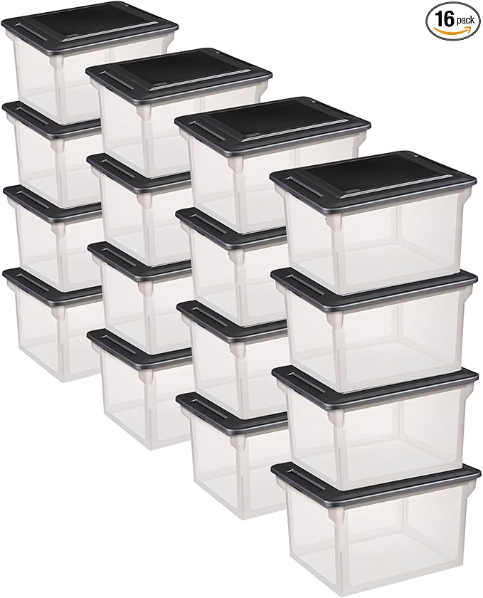 Sterilite File Box, Stackable Storage Bin with Lid, Organize Receipts, Bills, Taxes and Papers in the Home, Office, Clear Base with Black Lid, 16-Pack
