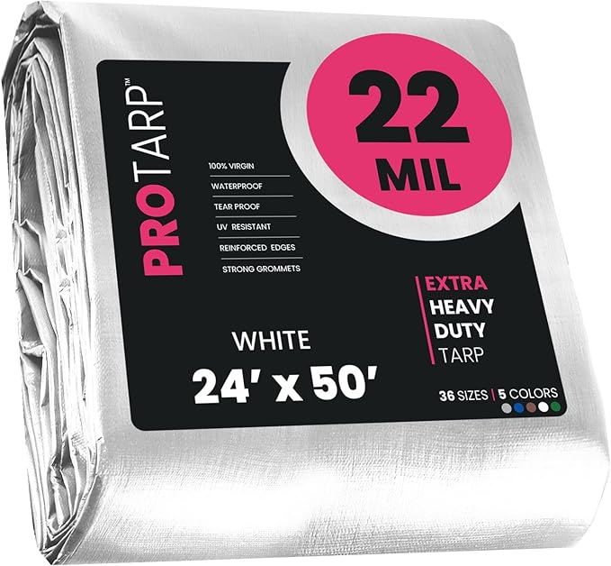 PROTARP Extreme Heavy Duty 22 Mil Tarp Cover, Waterproof, UV Resistant, Rip and Tear Proof, Poly Tarpaulin with Reinforced Edges for Roof, Camping, Patio, Pool, Boat. (White 24′ X 50′)