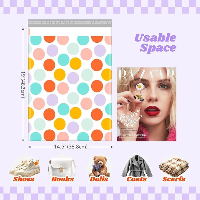Metronic Poly Mailers 14.5x19 Inch 50pcs Shipping Bags for Clothes,Self Adhesive Shipping Envelopes for Small Business,Waterproof Mailers Poly Bags for Shipping,Packaging Mailing Bags Color Polka Dots