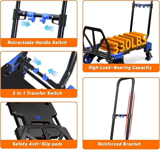 2-in-1 Folding Hand Truck with Retractable Handle, 330LBS Capacity Heavy Duty Hand Dolly, Collapsible Dolly Cart with Wheels for Luggage/Moving/Travel