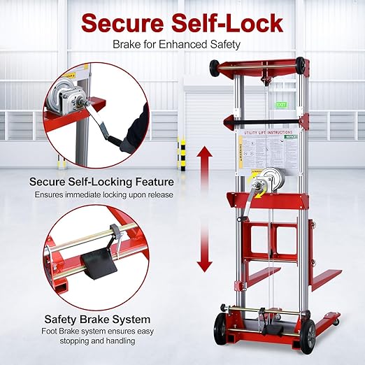 122" Material Lift Winch Stacker, 400 lbs Capacity Manual Material Lifts, Fixed Straddle Material Lifter, Hand Winch Lift Trucks for Warehouse, Factory, Lightweight, 34.60" L x 24.80" W, Red