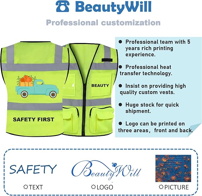 BeautyWill Custom Logo Safety Vest Mesh High Visibility Reflective Vest Customized Logo Utility Zipped Pockets Construction Workwear （Yellow,S）