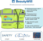 BeautyWill Custom Logo 10 Pack Safety Vest Mesh High Visibility Reflective Vest Customized Logo Utility Zipped Pockets Construction Workwear （Yellow,L）