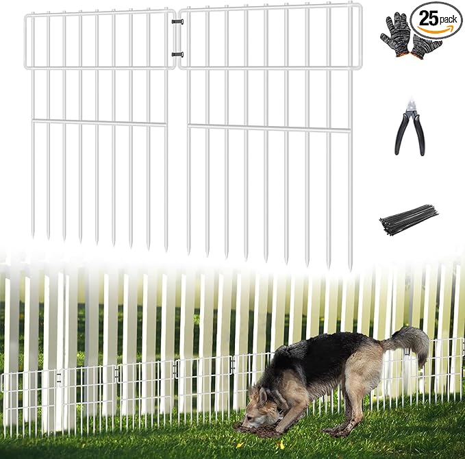 25 Panels Garden Fencing Animal Barrier, 17in (H) X 27ft (L) No Dig Dog Fence, 1.25 in Gap Fence Border for Dogs Rabbits, Rustproof Metal Decorative Fences Blocker for Outdoor, Yard, Patio, White