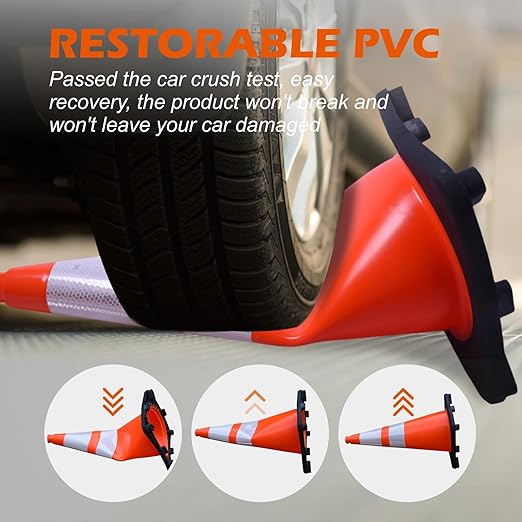 28 inch Traffic Safety Cones Orange Road Cones, Construction Cone with Rubber Base & Reflective Collars, Restorable Parking Cones, Heavy Duty Road Cones for Traffic Control & Road Safty(8 Pack）