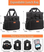 Expandable XLarge Lunch Box, Insulated Heavy Duty Lunch Bag Waterproof Leakproof Durable Cooler Bag for Men Women Adults Work Construction Camping Trip, 22L, Black, GLENKEY