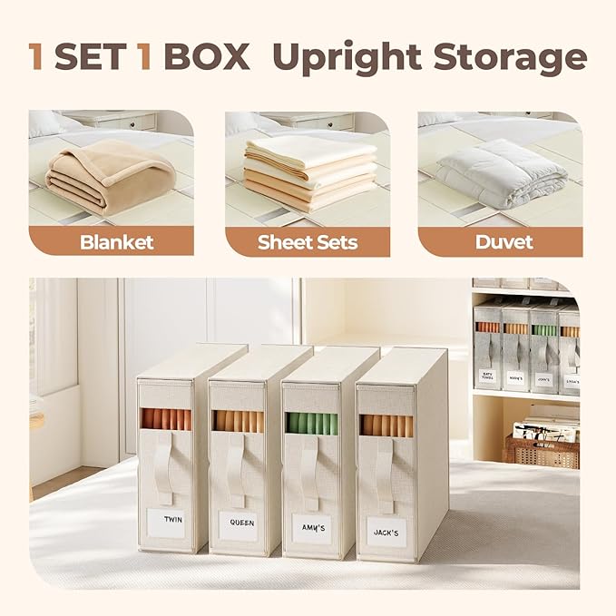 12Pack Linen Sheet Organizers for Linen Closet - King/Queen Size Bedding Storage Boxes with Clear Window | Foldable, Dustproof Sheet Storage Organizer for Blankets & Sheet Sets,Off-white