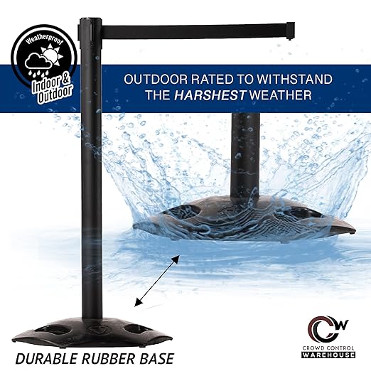 CCW Series WBB-200 Set of 2 Outdoor Safety Rubber Base Stanchion Retractable Belt Barriers - Easy to Assemble, No Tools Required (11 Foot Belt, Red Belt with Black Post)