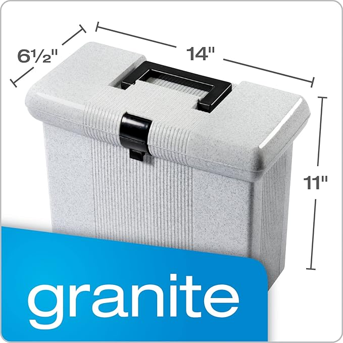 Pendaflex Portable File Box with File Rails, Hinged Lid with Double Latch Closure, Granite, 3 Black Letter Size Hanging Folders Included (41737AMZ)