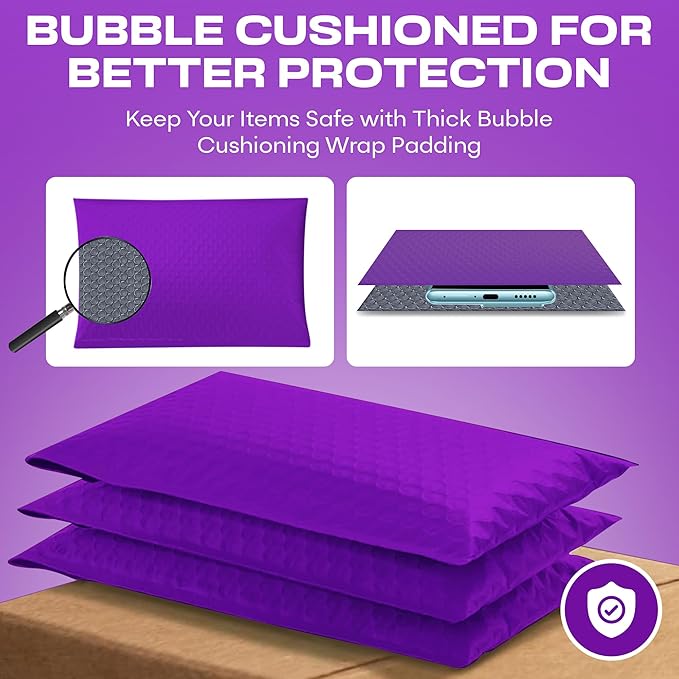 Purple Poly Bubble Mailers 8.5x12 inch #2 | Self Seal Padded Envelopes | Cushioned Bubble Mailer | Usable Size 8.5x11 | WaterProof | Lightweight mailing Shipping Bags | 200 Pack Bulk