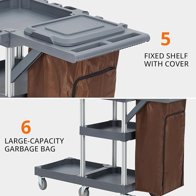 Commercial Janitorial Cleaning Cart on Wheels - Black Housekeeping Caddy with Cover, Shelves and Vinyl Bag