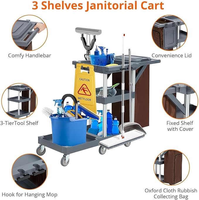 Commercial Cleaning Cart with Wheels, 3-Tier Janitorial Cart with Trash Bag and Cover, 300 lbs Capacity Heavy-Duty Rolling Caddy for Hotel Housekeeping, Hospital, School