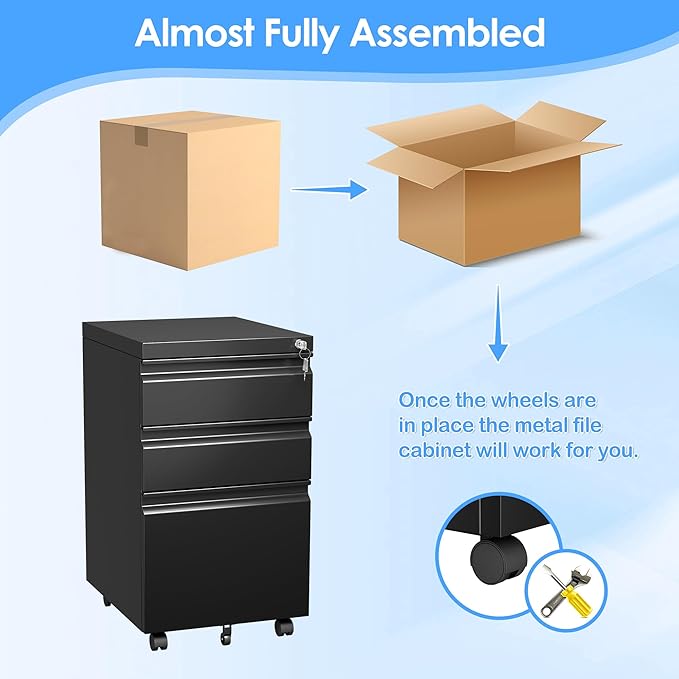 SUXXAN 3 Drawer Under Desk Mobile File Cabinet with Lock, Metal Storage Cabinet for Office & Home, Legal/Letter Size, Fully Assembled Except Wheels, Black