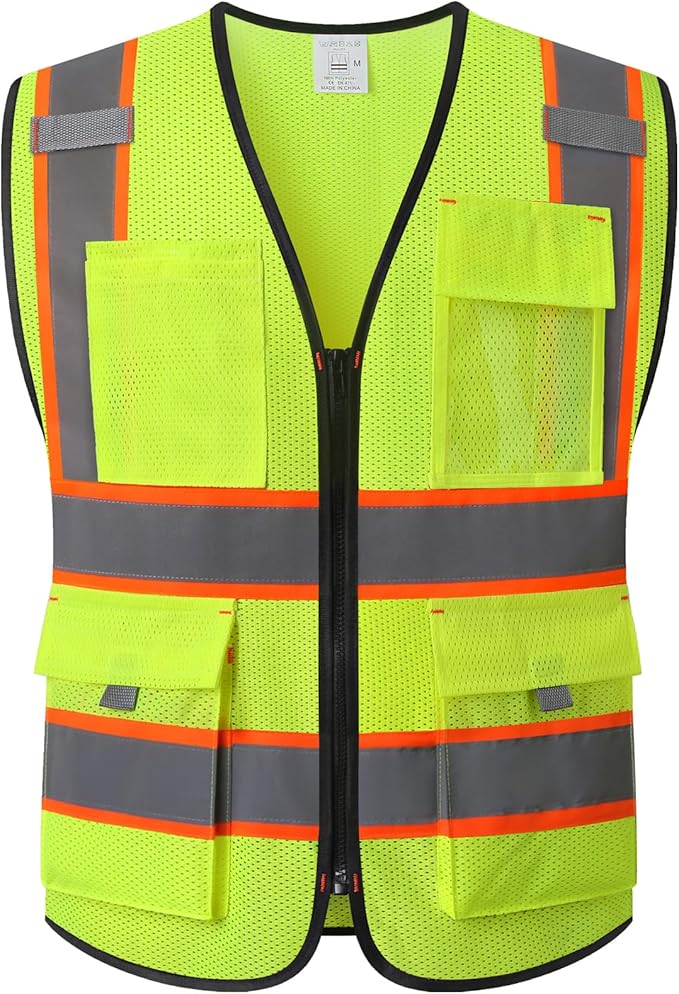9 Pockets High Vis Safety Vest for Men with Double Stitching Knots around All Pockets and Zipper Edges Mesh Class 2 High Visibility Reflective Vest,Meets ANSI/ISEA Standards(EK176-Yellow-L)