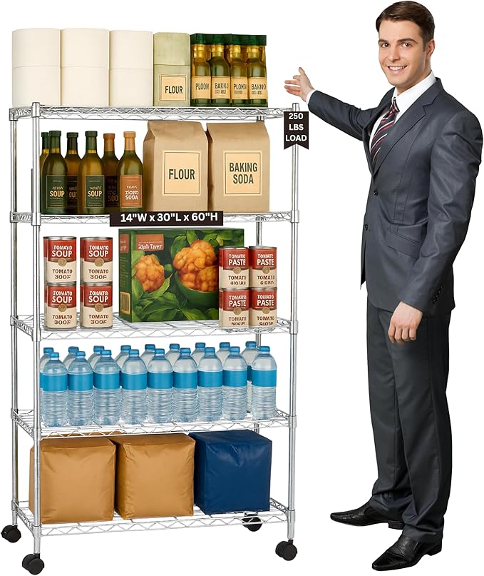 Displays By Jack 5 Tier Heavy Duty Wire Shelving Unit Storage Rack for Products Plant Pantry, Garage, Laundry Racks Durable Shelf Organizer Shelves Stand 14" W x 30" L x 60" H, Chrome