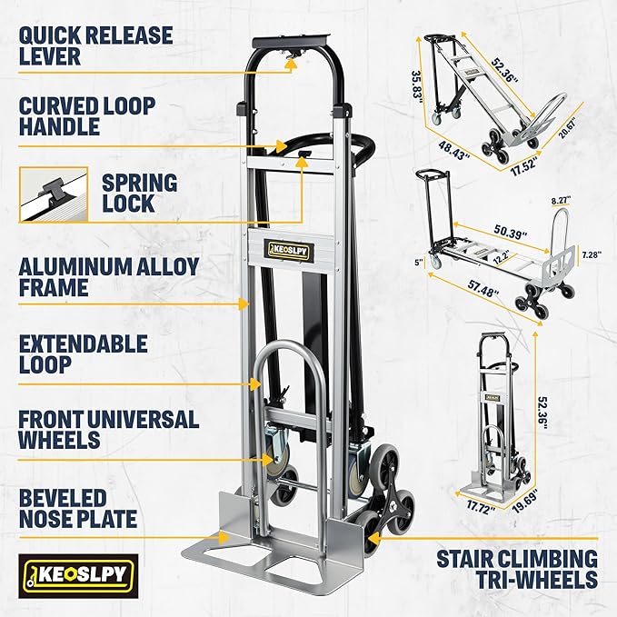 3 in 1 Industrial Convertible Hand Truck, Folding 1000 LBS Capacity Heavy Duty Platform Cart, Utility Aluminum Collapsible Moving Dolly with Stair Climbing Wheels, 3 Positions for Transport
