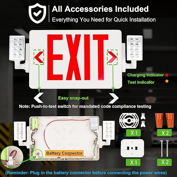Gruenlich LED Combo Exit Sign, Emergency Light with 2 Adjustable Heads and Double Face, Back Up Batteries- US Standard Red Letter EXIT, UL 924 Qualified, 120-277 Voltage, 1-Pack