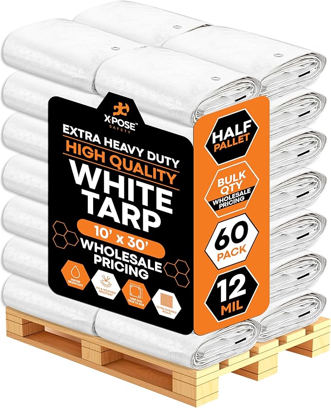 Heavy Duty White Poly Tarp 10' X 30' - Bulk Half Pallet (60 Pack) - Multipurpose Protective Cover - Durable, Weather Proof & Tear Resistant - 12 Mil Thick Polyethylene - by Xpose Safety