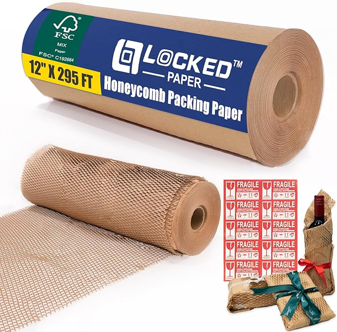 Honeycomb Packing Paper Roll 12" x 295 FT with Fragile Stickers– Biodegradable Cushioning Wrap for Moving, Shipping & Gift Wrapping – 100% Recyclable, FSC Certified Eco-Friendly Packaging