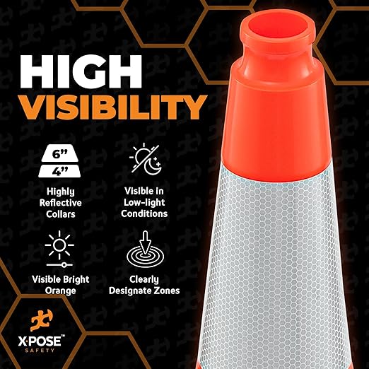 Xpose Safety 36 Inch Orange Slim Line Traffic Cones Heavy Duty 12lb with 6" & 4" Collars, 4 Pack Multipurpose PVC Plastic Safety Cone for Parking, Soccer, Caution, Kids & Construction - DOT Approved