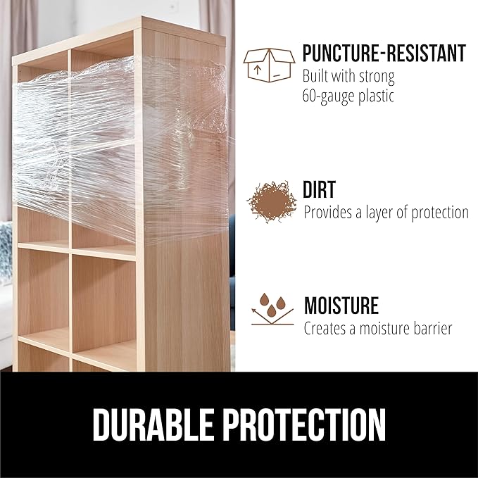 GORILLA GRIP 500% Shrink Wrap Roll with Handle, 5" 500ft Plastic Wrap Stretch Film, Puncture Resistant Industrial Strength Moving Supplies, Pallet Storing, Packing Furniture Protection, 2 Pack Clear