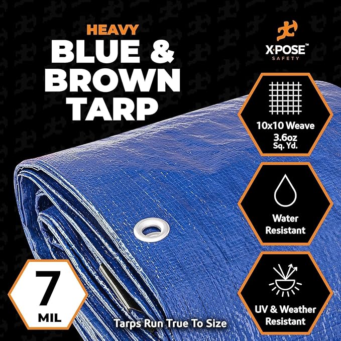 Heavy Blue & Brown Tarp 20' x 20'- Bulk Full Pallet (72 Pack) Weatherproof, Camping, Rain, Wind & Sun - 7 Mil Plastic Tarp Outdoor Cover for Roof, Trailer, RV, Car, Boat - by Xpose Safety