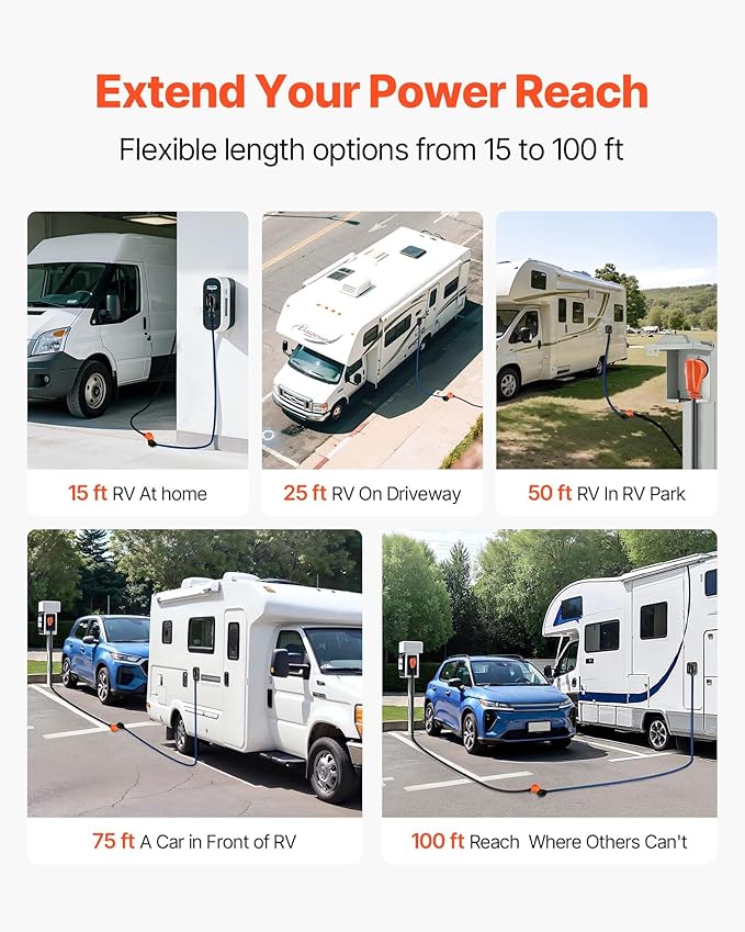 VEVOR 100 FT RV Extension Cord, 50 Amp, 125V 7500W Heavy Duty STW 6/3 + 8/1 Gauge Wire, NEMA 14-50P Male NEMA 14-50R Female Plug, with LED Indicator, Handle, 15A Adapter, for RV Trailer, ETL Listed