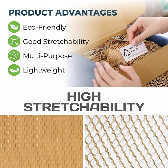 HexcelPack HexaFil Honeycomb Packing Paper - Eco-Friendly, Sustainable Filler for Shipping and Moving, Cushioned Packing Material in Dispenser Box, Alternative to Bubble Wrap - Natural, 12" x 1700'