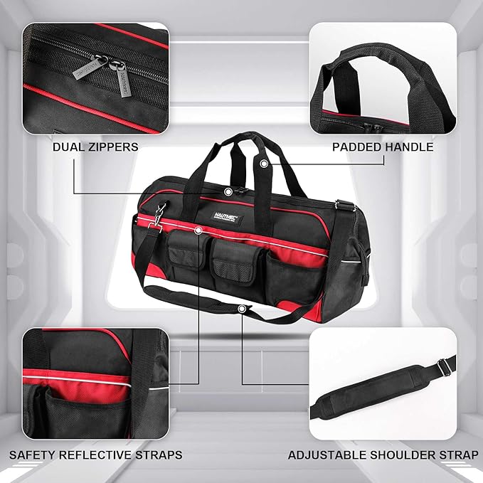 HAUTMEC 24" Large Pro Tool Bag, Heavy-Duty 1680D Double-Layer Fabric Wide Mouth Tool Bag with Metal Frame & Thickened Base, Padded Shoulder Strap & Rotary Buckle, 36 Pockets & Level Holder - HT0284
